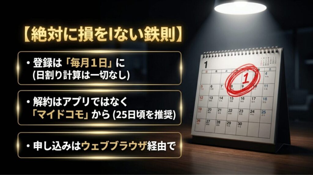 DAZN for docomoは月初登録がおすすめで、解約はアプリではなくMy docomoから行う必要があることを示した画像