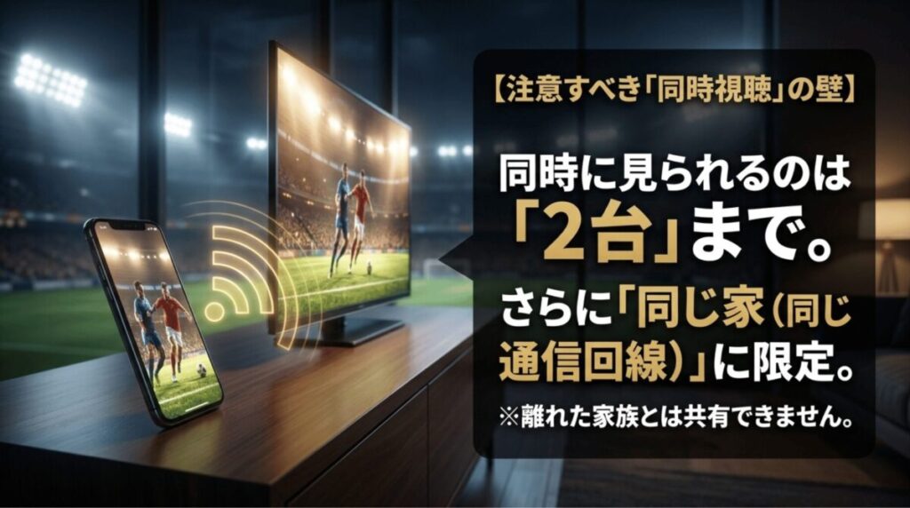 DAZN for docomoは同時視聴が2台までで、同じ家や同じ通信回線内に限られることを説明した画像