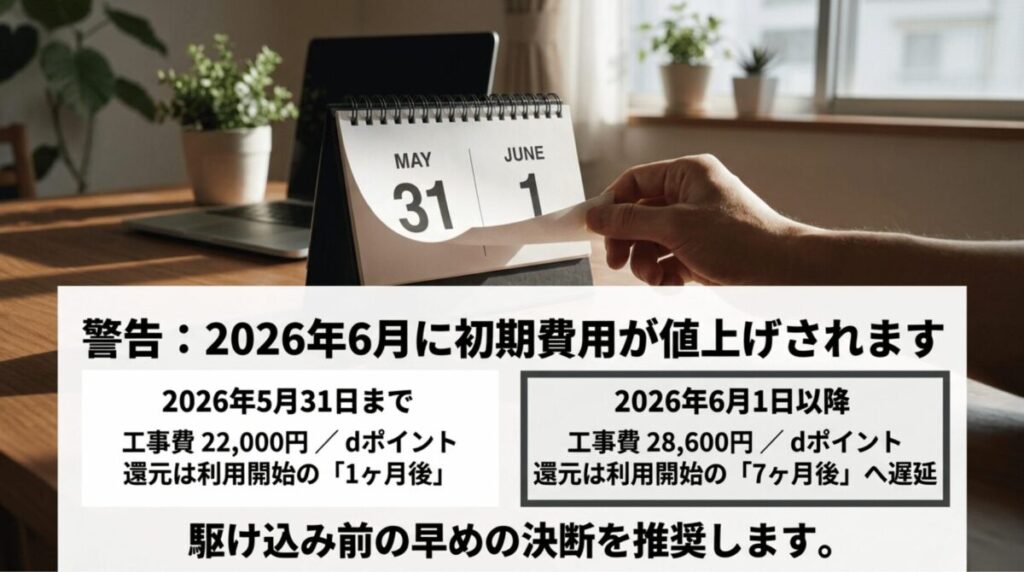 2026年6月1日以降にドコモ光の工事費が28600円へ上がり、dポイント還元時期も遅れることを示すスライド