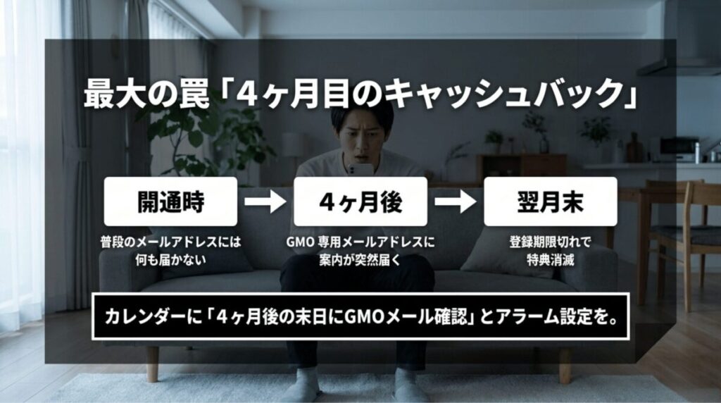 ドコモ光GMOとくとくBBのキャッシュバック案内が開通4ヶ月後にGMO専用メールへ届く注意点を示すスライド