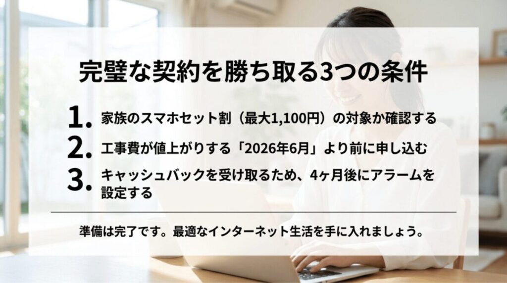 ドコモ光GMOとくとくBBを契約する前に確認したいスマホセット割、工事費改定、キャッシュバック手続きの3条件をまとめたスライド