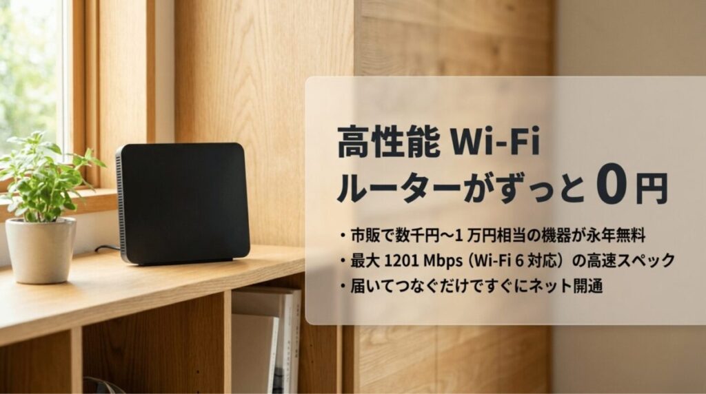 ドコモ光GMOとくとくBBで高性能Wi-Fiルーターを0円でレンタルできる特典を説明するスライド
