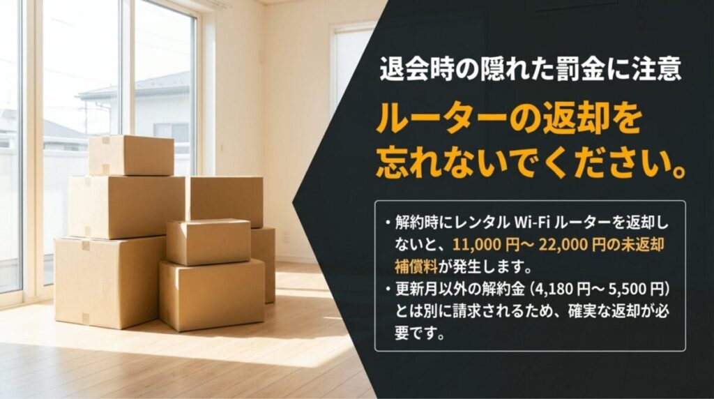 ドコモ光GMOとくとくBBを退会する際にレンタルWi-Fiルーターの返却忘れで補償料が発生するリスクを説明するスライド