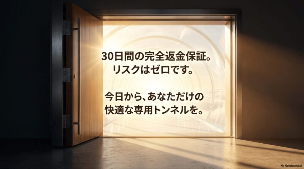 開いた扉の先に明るいトンネルが続き、30日間の完全返金保証でリスクなく試せることを伝えるスライド