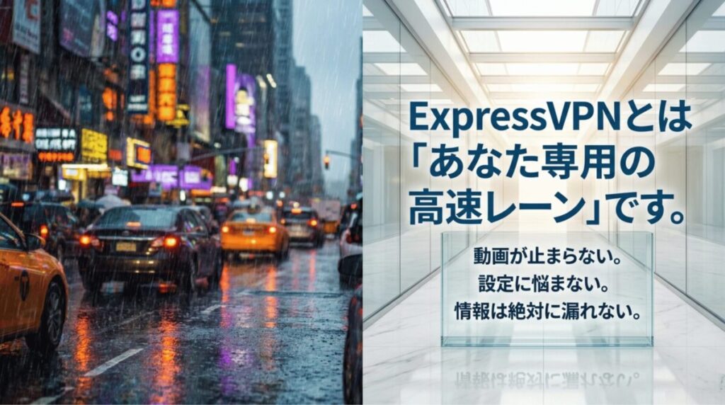 雨の街並みと明るい通路を対比し、ExpressVPNを「あなた専用の高速レーン」と表現しているスライド