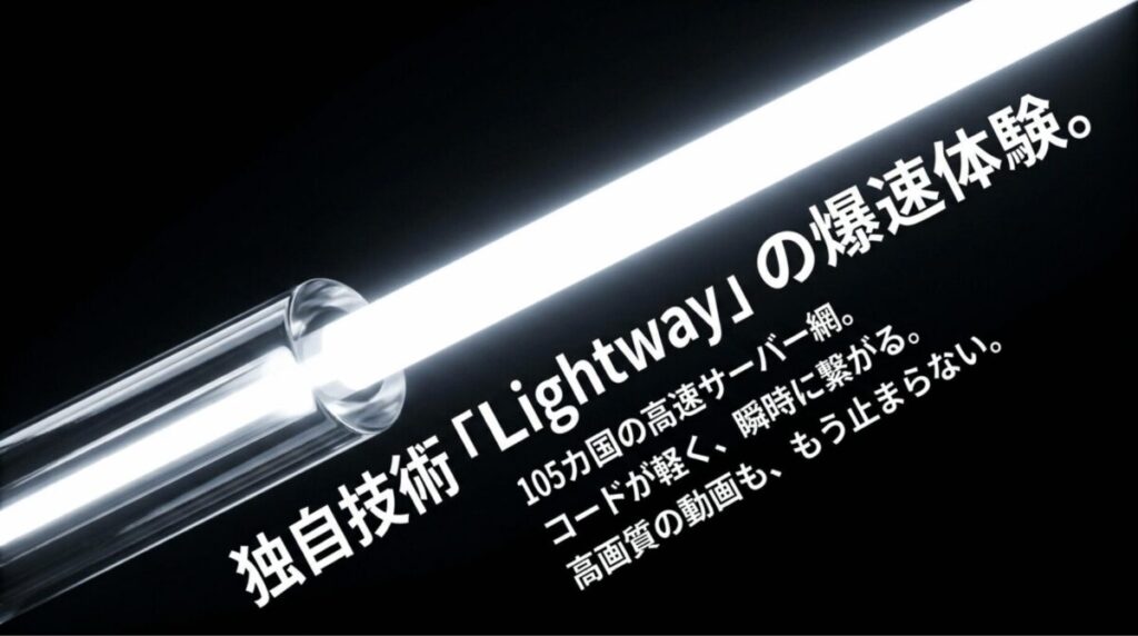 光のような通信経路を背景に、独自技術Lightwayによる高速接続と安定性を訴求しているスライド