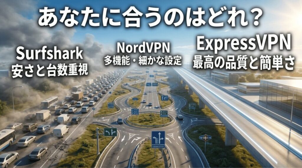 Surfshark、NordVPN、ExpressVPNを3つの道路に見立て、安さ、多機能、品質と簡単さの違いを比較したスライド