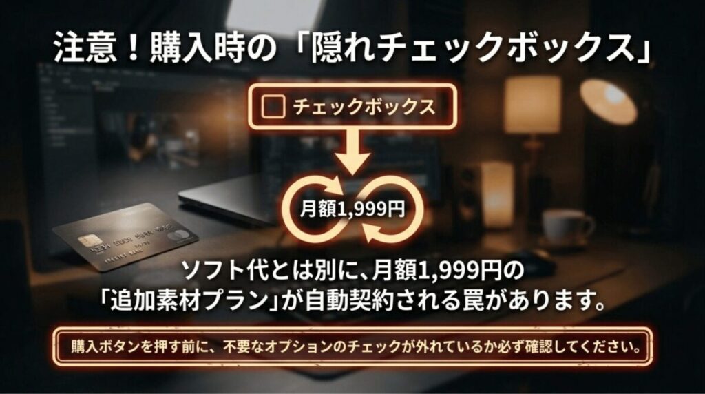 Filmora購入画面のチェックボックスにより、月額1999円の素材サブスクが自動契約される可能性を注意喚起するスライド
