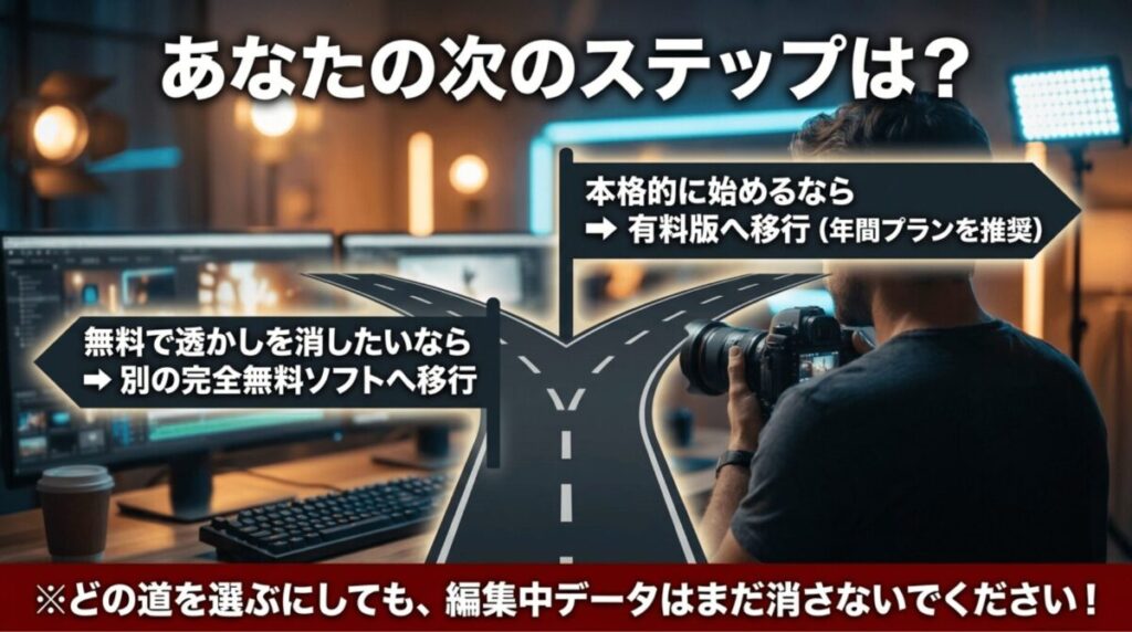 Filmora無料版を試した後、有料版へ移行するか無料代替ソフトへ移るかを目的別に示すまとめスライド