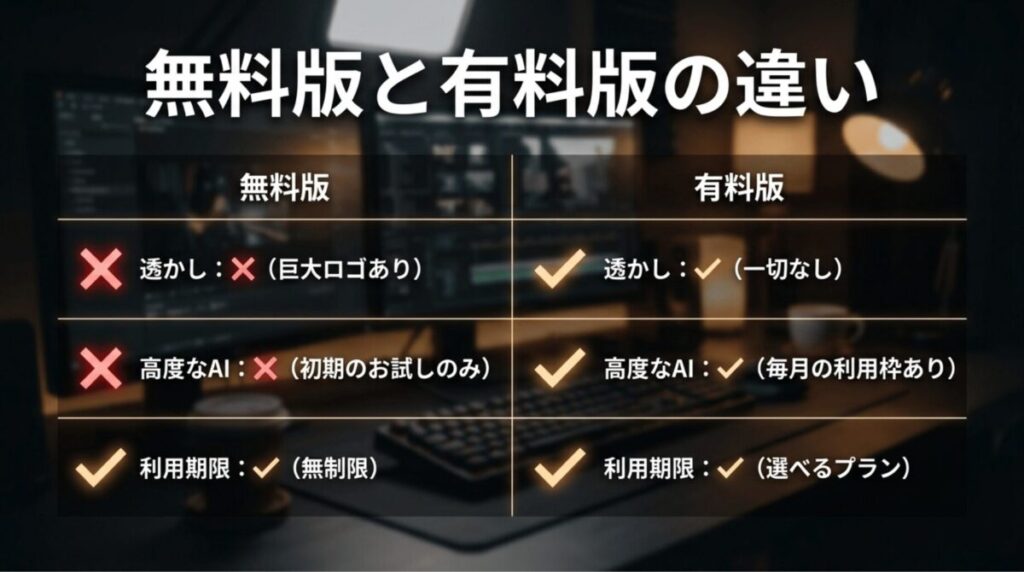 Filmora無料版と有料版の違いを、透かし、AI機能、利用期限の観点で比較したスライド