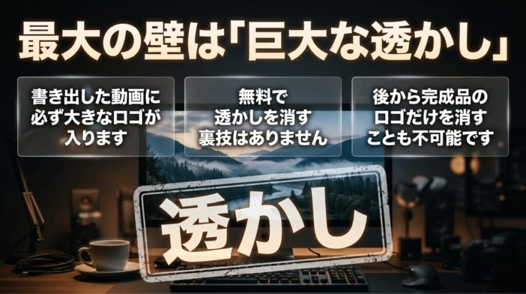 Filmora無料版で書き出した動画には大きな透かしが入り、無料で消す裏技はないことを示すスライド