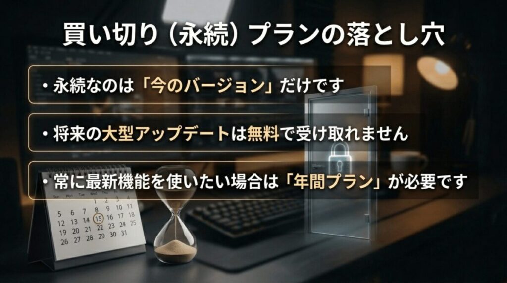 Filmoraの買い切りプランは現在のバージョンに限定され、将来の大型アップデートは対象外になる点を説明するスライド