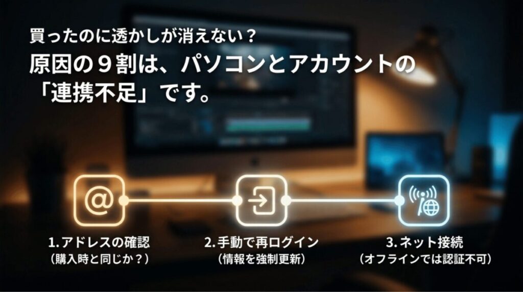 Filmoraを購入しても透かしが消えない場合は、購入アドレス、再ログイン、ネット接続を確認する必要があることを示すスライド