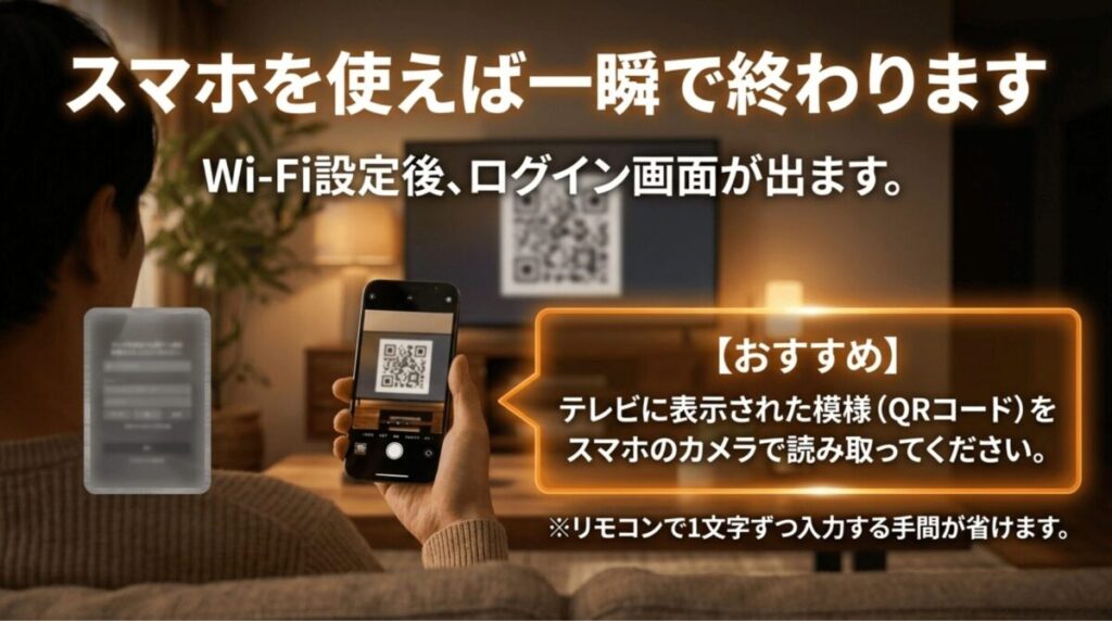Wi-Fi設定後にテレビ画面のQRコードをスマホで読み取り、Amazonアカウントへ簡単にログインする方法
