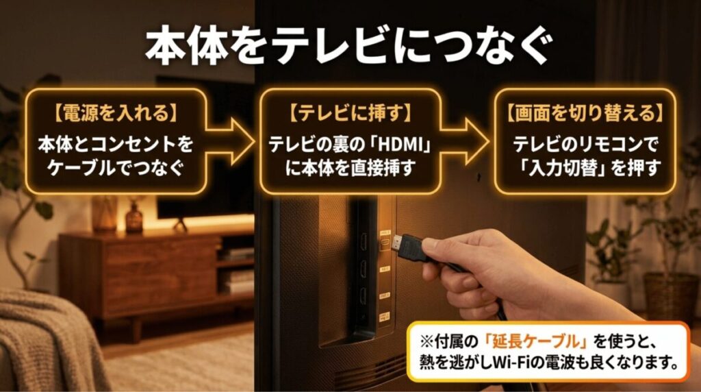 Fire TV Stickに電源を入れ、テレビのHDMI端子へ接続し、入力切替を行う流れを示した図