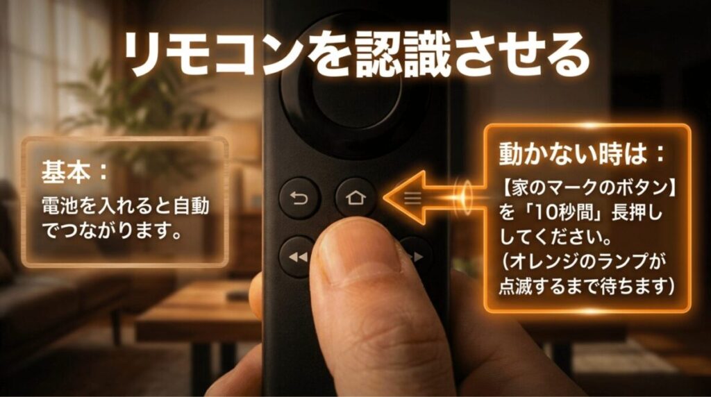 Fire TV Stickリモコンに電池を入れて自動認識させ、反応しない場合はホームボタンを10秒長押しする手順