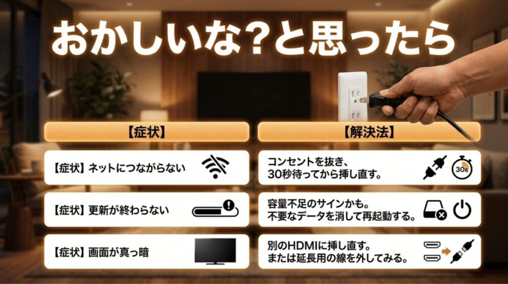 ネットにつながらない、更新が終わらない、画面が真っ暗などの症状と基本的な解決法を一覧にした図