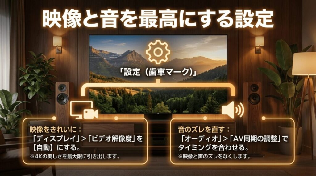 Fire TV Stickの設定画面からビデオ解像度を自動にし、AV同期の調整で音ズレを直す方法