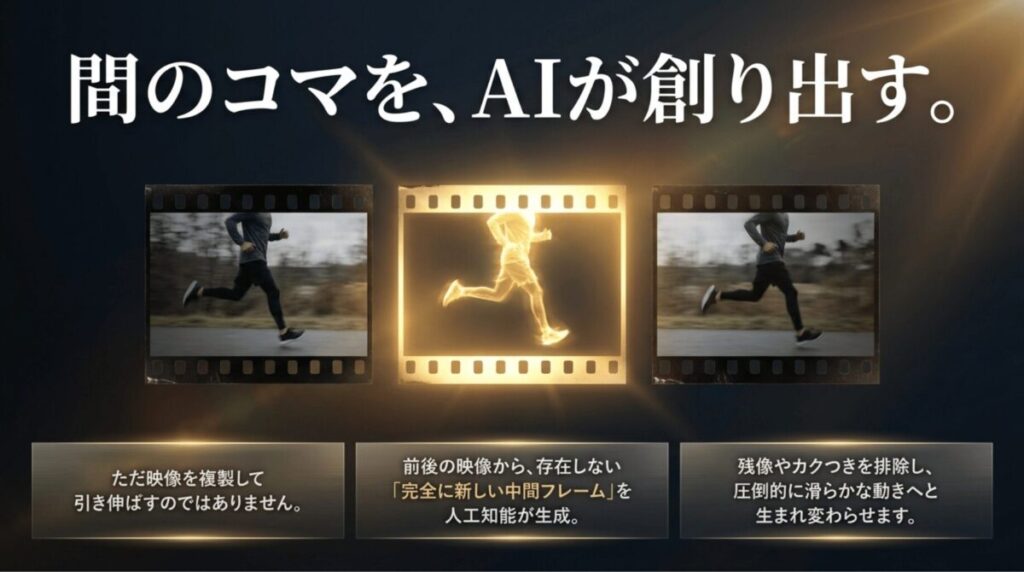 前後の映像からAIが存在しない中間フレームを生成し、残像やカクつきを抑えて滑らかな動画にする仕組みを示した図