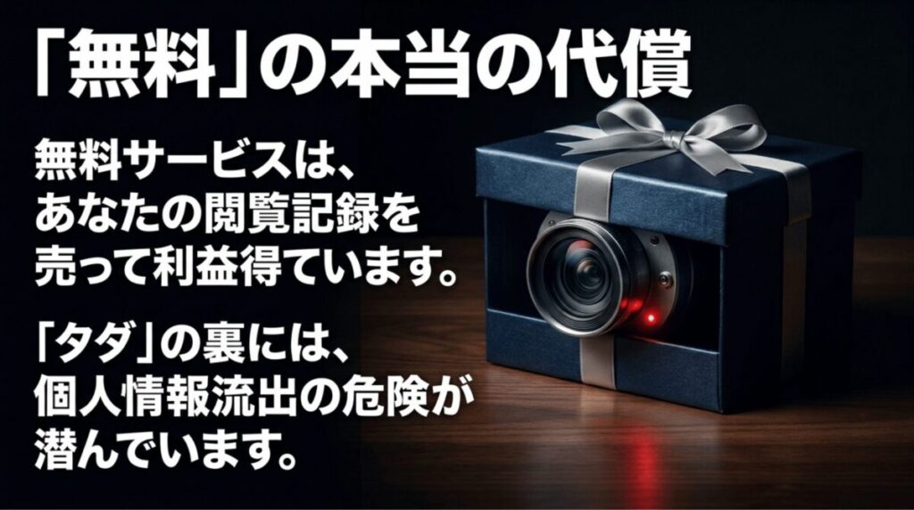 無料VPNの裏側には閲覧記録の販売や個人情報流出のリスクがあることを警告するスライド
