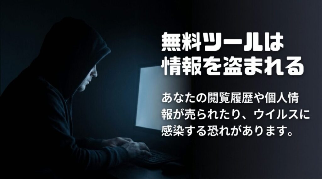 無料VPNや無料ツールでは閲覧履歴や個人情報が売られたり、ウイルス感染の恐れがあることを警告するスライド