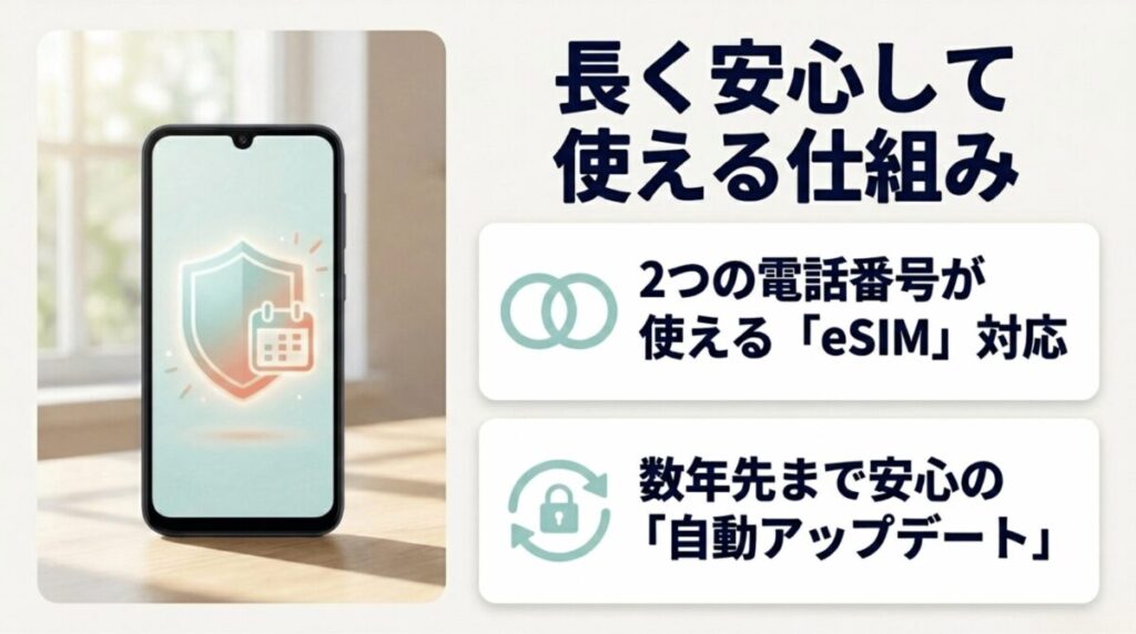 Galaxy A25 5GはeSIM対応と長期アップデートにより、複数回線の利用や長期間の安心利用に向いていることを示すスライド