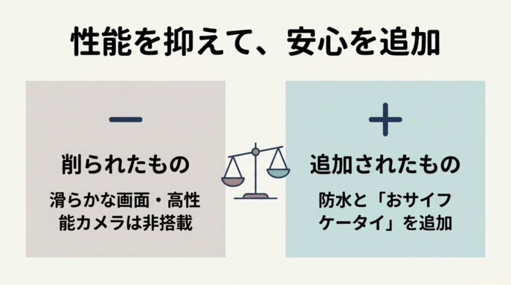 Galaxy A25 5G日本版では滑らかな画面や高性能カメラを抑え、防水とおサイフケータイを追加したことを示す比較スライド