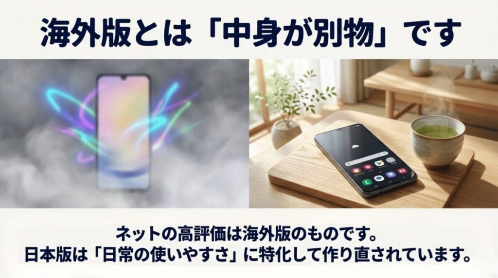 Galaxy A25 5Gは海外版と日本版で仕様が異なり、ネット上の高評価は海外版中心であることを示すスライド