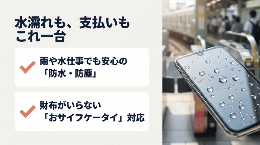 Galaxy A25 5G日本版が防水防塵とおサイフケータイに対応し、水濡れや電車・買い物で使いやすいことを示すスライド