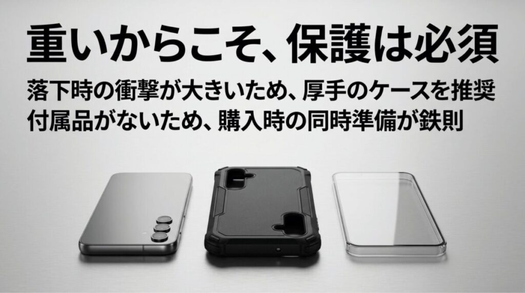 Galaxy A55 5Gは重いため落下時の衝撃に備えてケースと保護フィルムが必要なことを示す画像