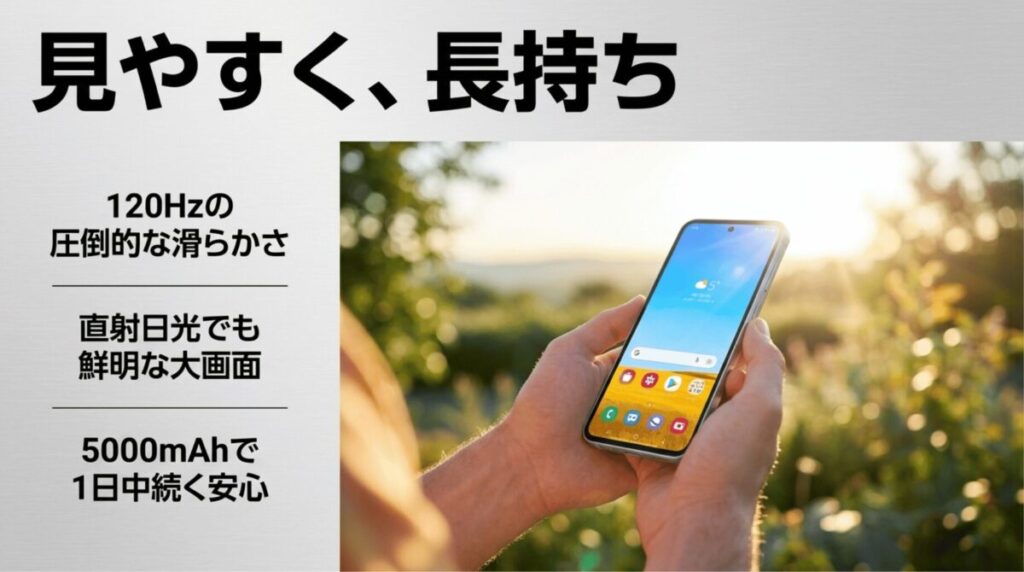 Galaxy A55 5Gの120Hz表示、屋外での見やすさ、5000mAhバッテリーの特徴を示す画像
