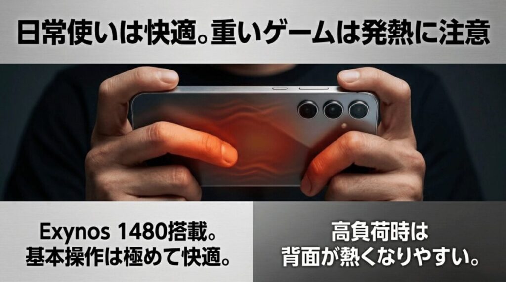 Exynos 1480搭載で日常利用は快適だが重いゲームでは発熱に注意が必要なことを示す画像