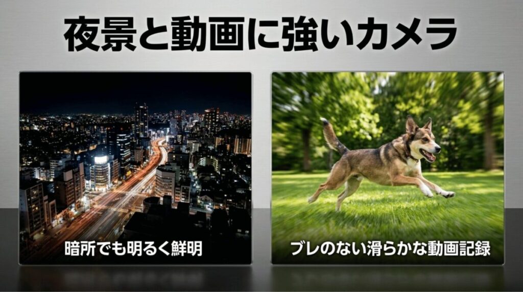 Galaxy A55 5Gの夜景撮影とブレの少ない動画撮影性能を比較して示す画像