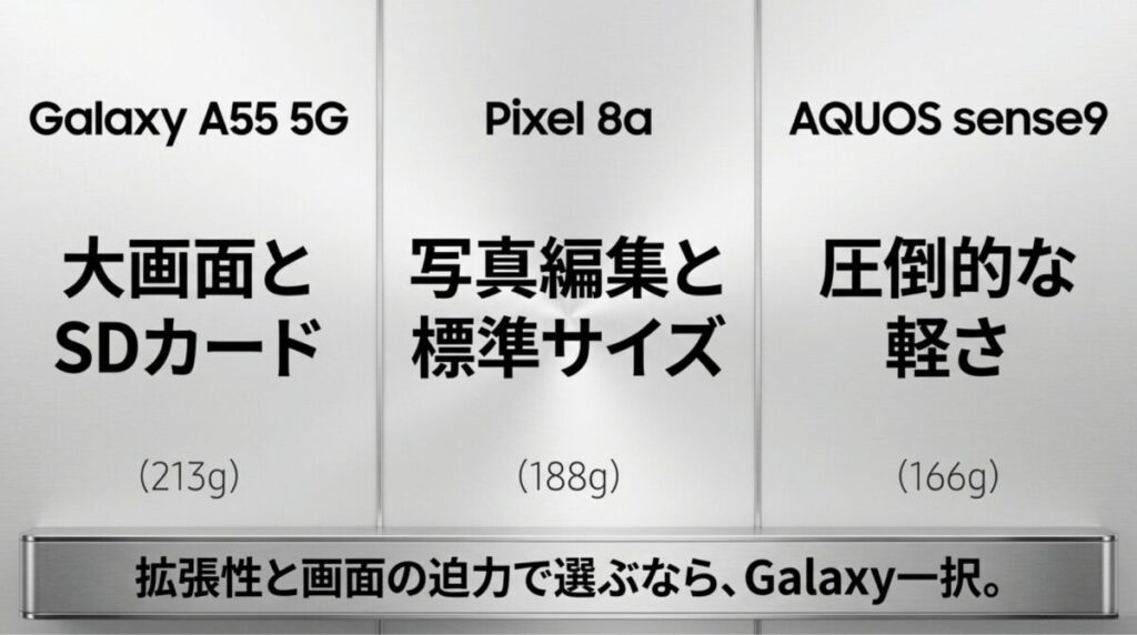 Galaxy A55 5G、Pixel 8a、AQUOS sense9を画面サイズ、SDカード、重さの観点で比較した画像