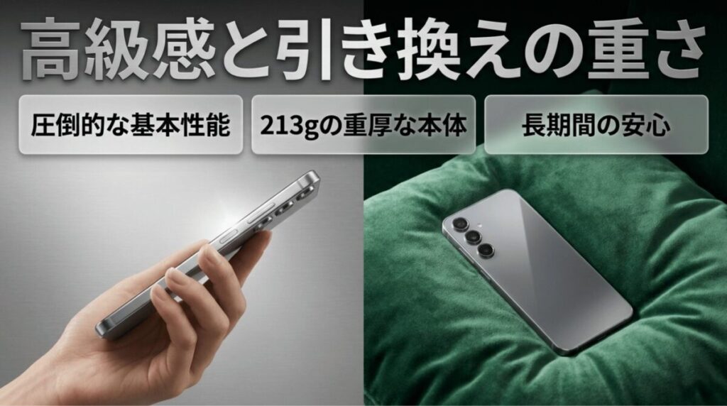 Galaxy A55 5Gの基本性能、高級感、213gの重さ、長期サポートをまとめた画像