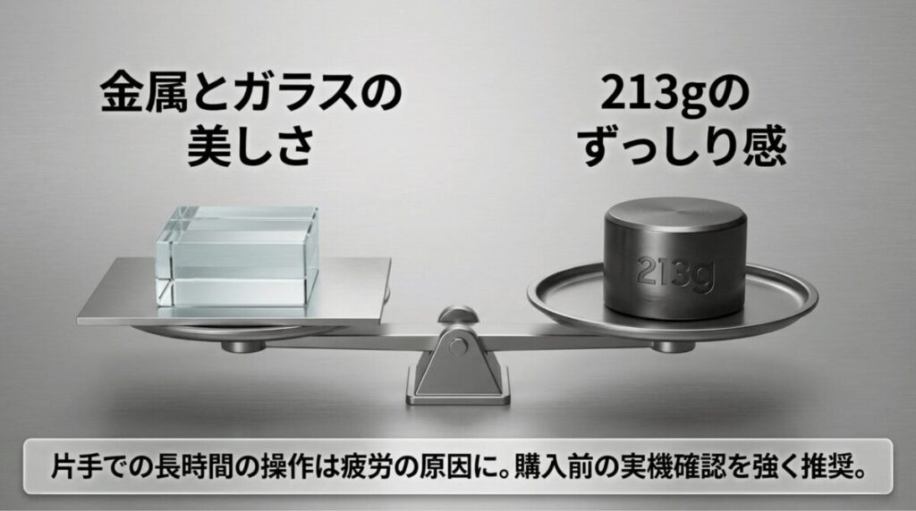金属とガラスの高級感と213gのずっしり感を天秤で表現した画像