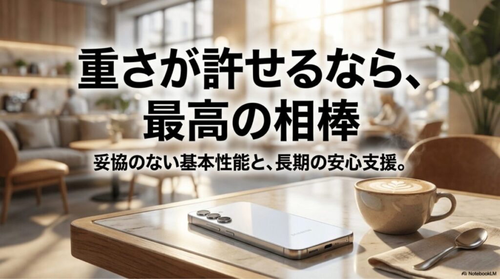 Galaxy A55 5Gは重さを許容できるなら基本性能と長期サポートに優れたスマホであることを示すまとめ画像
