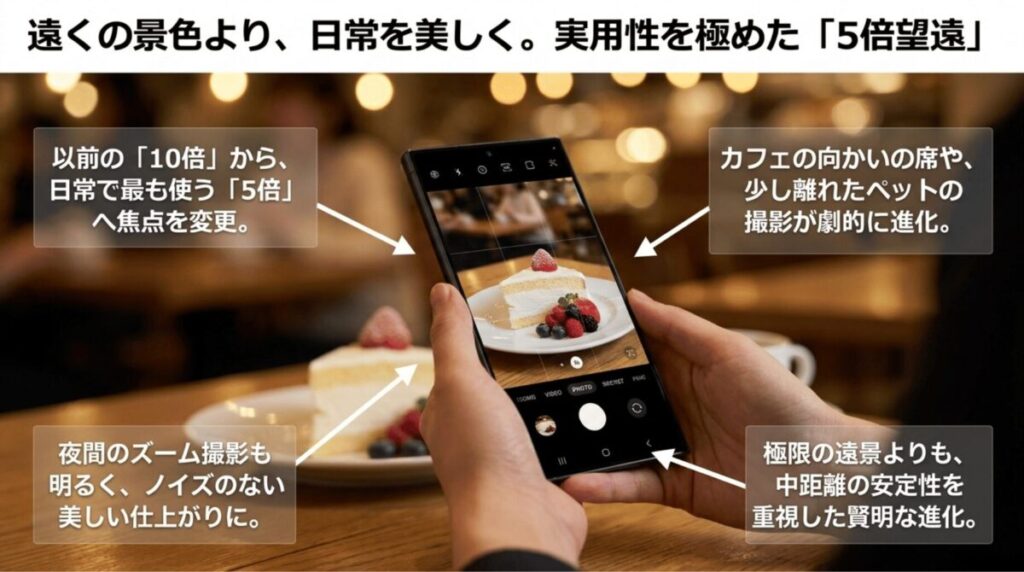 Galaxy S24 Ultraの光学5倍望遠が日常撮影や夜間ズームで実用的に進化したことを説明するスライド