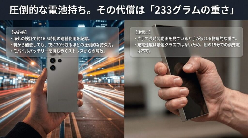 Galaxy S24 Ultraの長時間バッテリー性能と233グラムの重さ、充電速度の注意点を比較したスライド