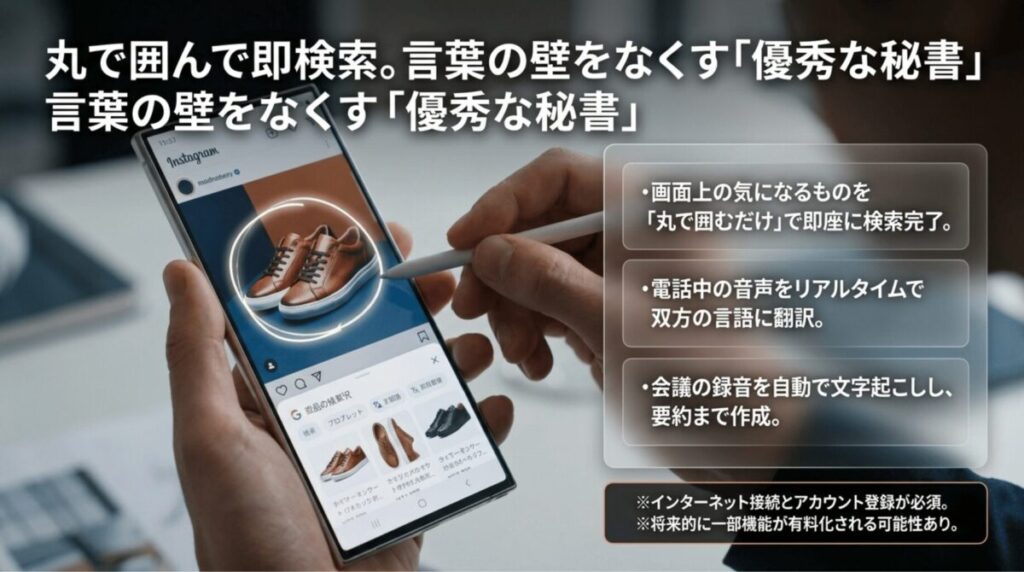 Galaxy S24 Ultraのかこって検索、ライブ翻訳、録音の文字起こしや要約などGalaxy AIの便利機能を紹介するスライド