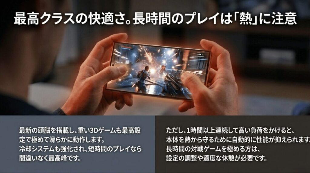 Galaxy S24 Ultraは重い3Dゲームも快適に動く一方、長時間プレイでは熱による性能低下に注意が必要と説明するスライド