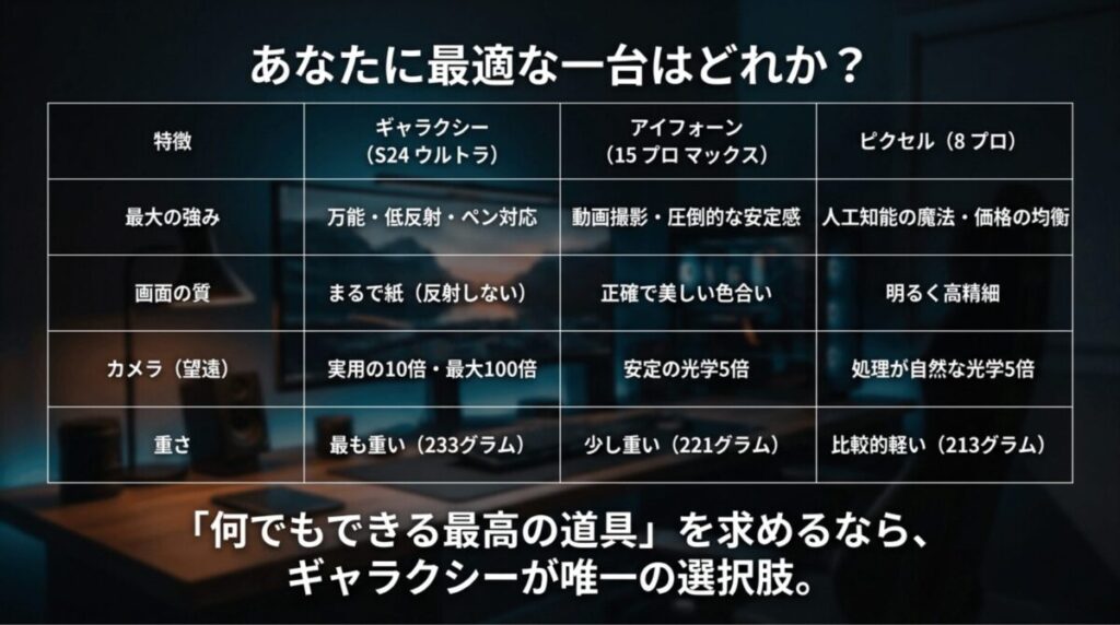 Galaxy S24 Ultra、iPhone 15 Pro Max、Pixel 8 Proの強み、画面、望遠カメラ、重さを比較したスライド