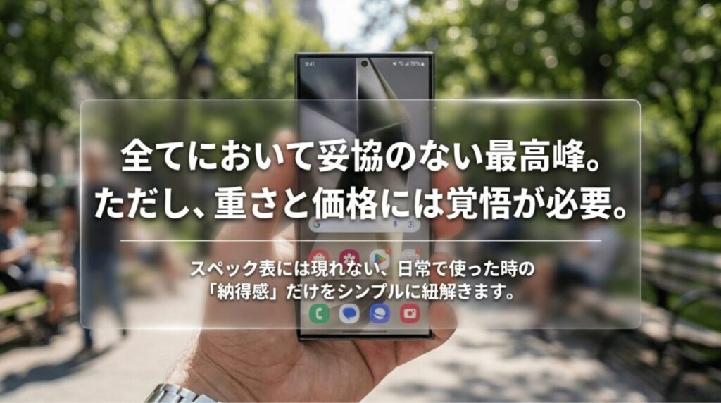 Galaxy S24 Ultraは妥協のない最高峰だが、重さと価格には覚悟が必要とまとめたスライド