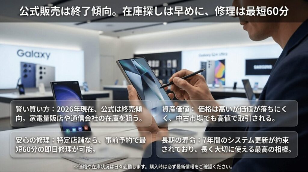 Galaxy S24 Ultraの公式販売終了傾向、在庫探し、価格の高さ、最短60分修理、7年間アップデートをまとめたスライド