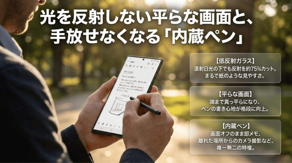 Galaxy S24 Ultraのフラット画面、低反射ガラス、内蔵Sペンによる書き心地の良さを紹介するスライド
