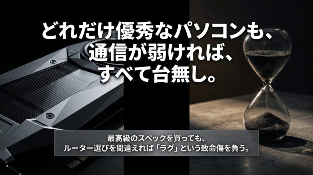 高性能なゲーミングPCでも通信が弱ければラグが発生し、ルーター選びが重要になることを示したスライド