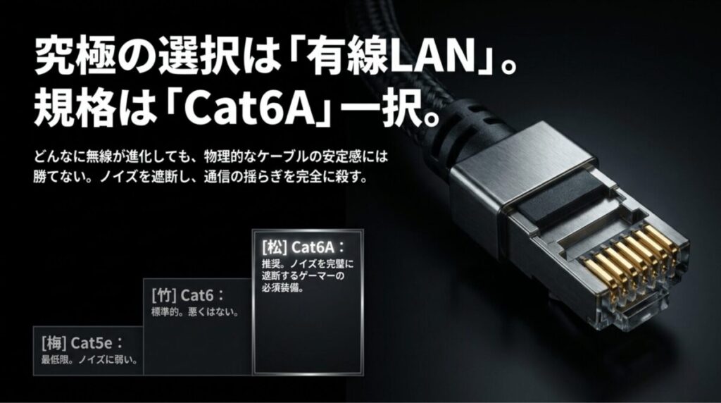 Cat5e、Cat6、Cat6Aを比較し、ゲーミングPCではCat6A有線LANが推奨されることを示したスライド
