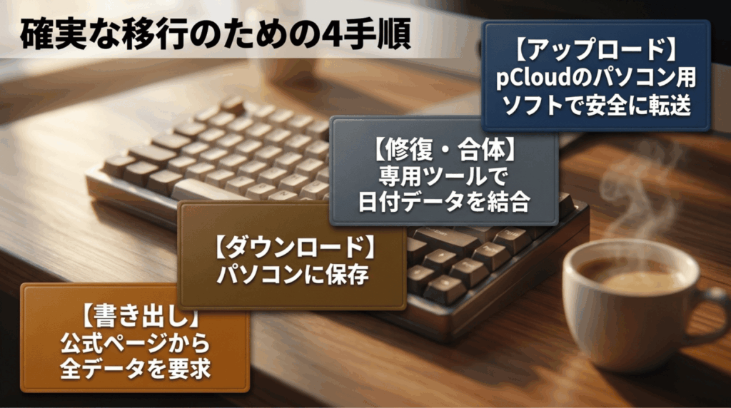 Google Takeoutã§ã®æžãåºããPCä¿åãã¡ã¿ããŒã¿ä¿®åŸ©ãpCloud Driveã¢ããããŒããŸã§ã®4æé ã瀺ãã¹ã©ã€ã