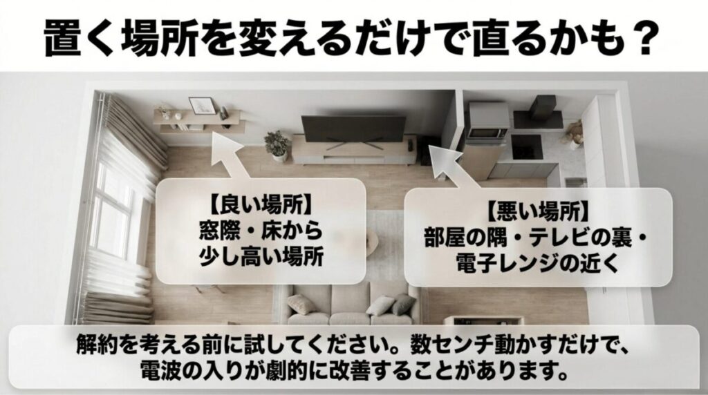 ホームルーターは窓際や床から少し高い場所に置くと電波が改善しやすく、部屋の隅やテレビ裏、電子レンジ付近は避けるべきことを示したスライド