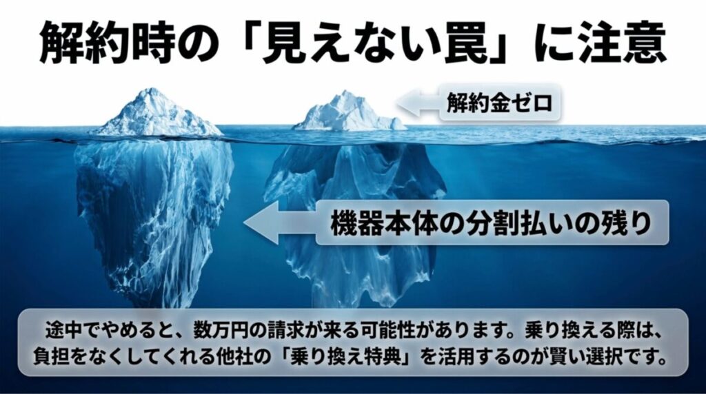 ホームルーターは解約金がゼロでも、端末本体の分割払い残債が残る可能性があることを氷山で表現したスライド